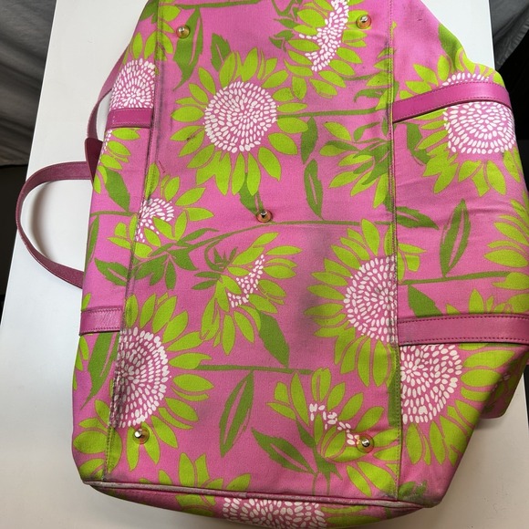 Lilly Pulitzer Sunflower Soleil Duffle Bag With Leather Strap Pink Green 20"x10" - Picture 9 of 13